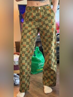 Checkerboard Olive & Orange Patterned Straight-Leg Pants Urban Outfitters